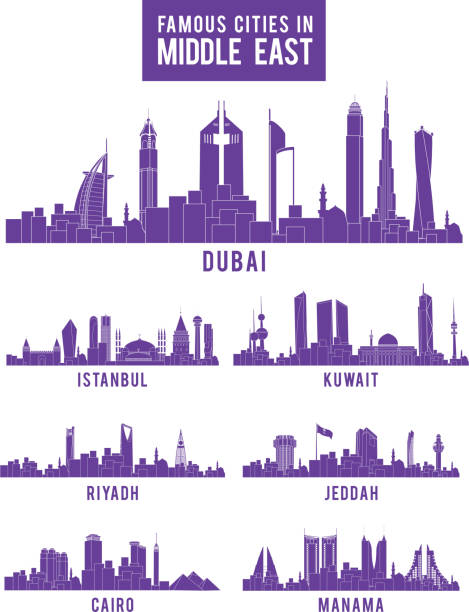set of cities in middle east famous buildings - 卡塔爾 阿拉伯 幅插畫檔、美工圖案、卡通及圖標