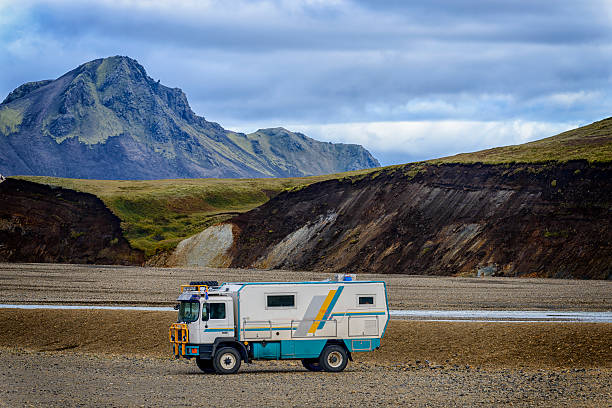 Offroad 4x4 camper truck or expedition vehicle parked in Landmannalaugar, Iceland.