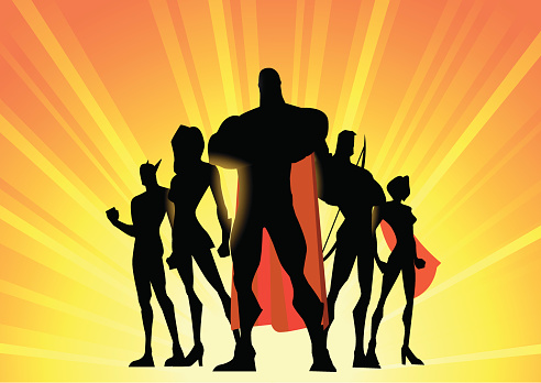 A vector silhouette style illustration of a superhero team posing infront of camera, with sunbursts effect in the background. Objects are layered for ease of editing.