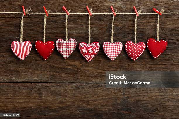 Gingham Love Valentines Hearts Hanging On Wooden Texture Stock Photo - Download Image Now