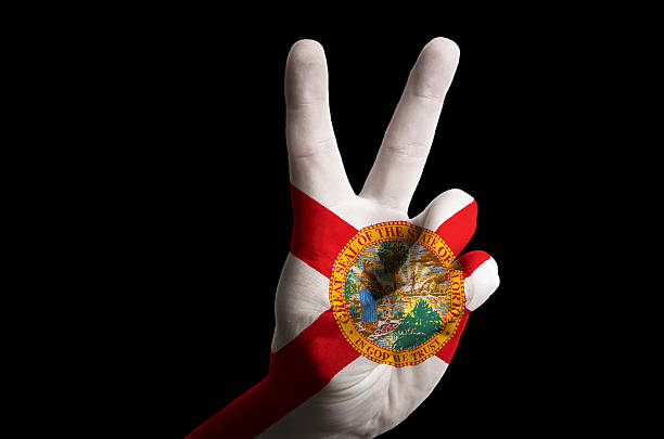 florida national flag two finger up gesture for victory Hand with two finger up gesture in colored florida state flag as symbol of winning, victorious, excellent, - for tourism and touristic advertising, positive political, cultural, social management of country support usa florida politics stock pictures, royalty-free photos & images