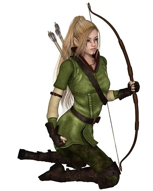 Fantasy illustration of a blonde female elf archer with bow and arrows dressed in green and brown, kneeling down, 3d digitally rendered illustration isolated on white.