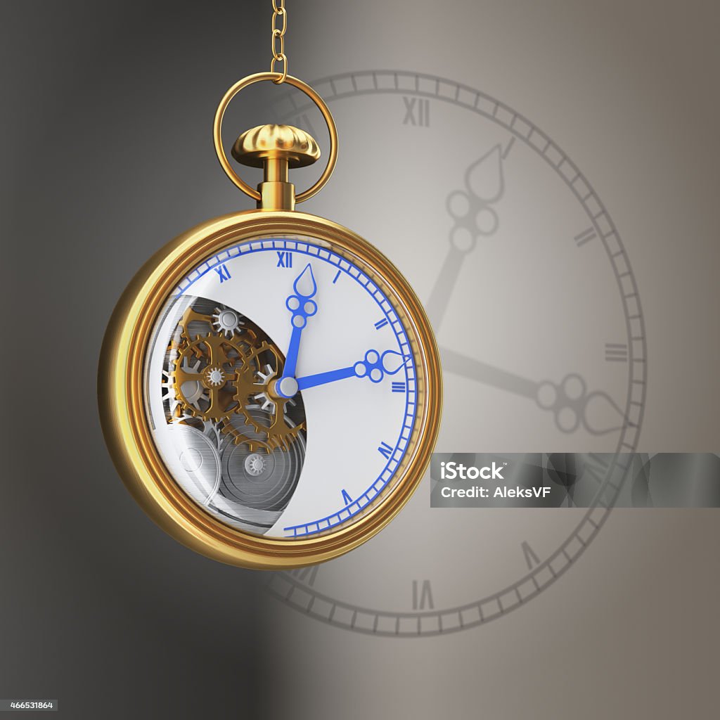 Gold watch Gold watch on grey background with dial shadow. Time passing concept. 3d render 2015 Stock Photo