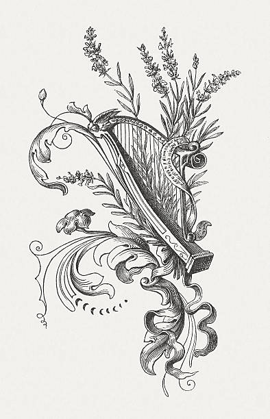 stockillustraties, clipart, cartoons en iconen met harp and floral ornaments, wood engraving, published in 1860 - harp