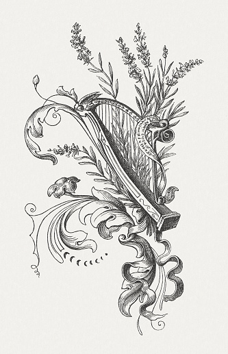 Harp and floral ornaments. Woodcut engraving, published in 1860.
