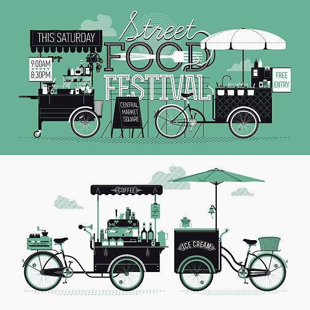 Banner design elements on Street food festival event Cool graphic poster, flyer or horizontal banner design elements on Street food festival event with retro looking detailed vending portable carts selling coffee, hot dogs and ice cream. Cool lettering street food stock illustrations