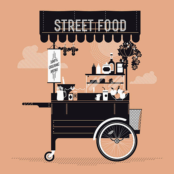 Creative vector detailed graphic design on street food with retro looking vending portable cart with awning, refreshments, bowls, bottles, and more 
