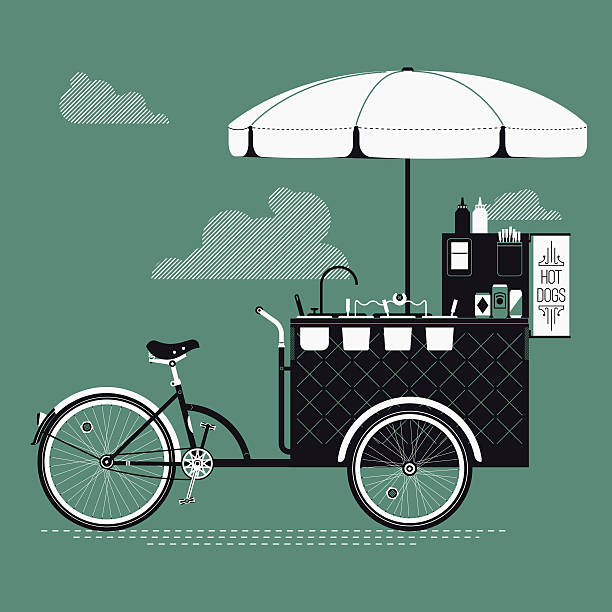 Mobile retro bike powered hot dog stand Cool detailed vector street food bicycle cart creative illustration  hot dog stand stock illustrations