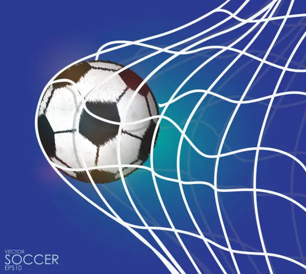 Vector illustration of soccer ball in the net on blue background.