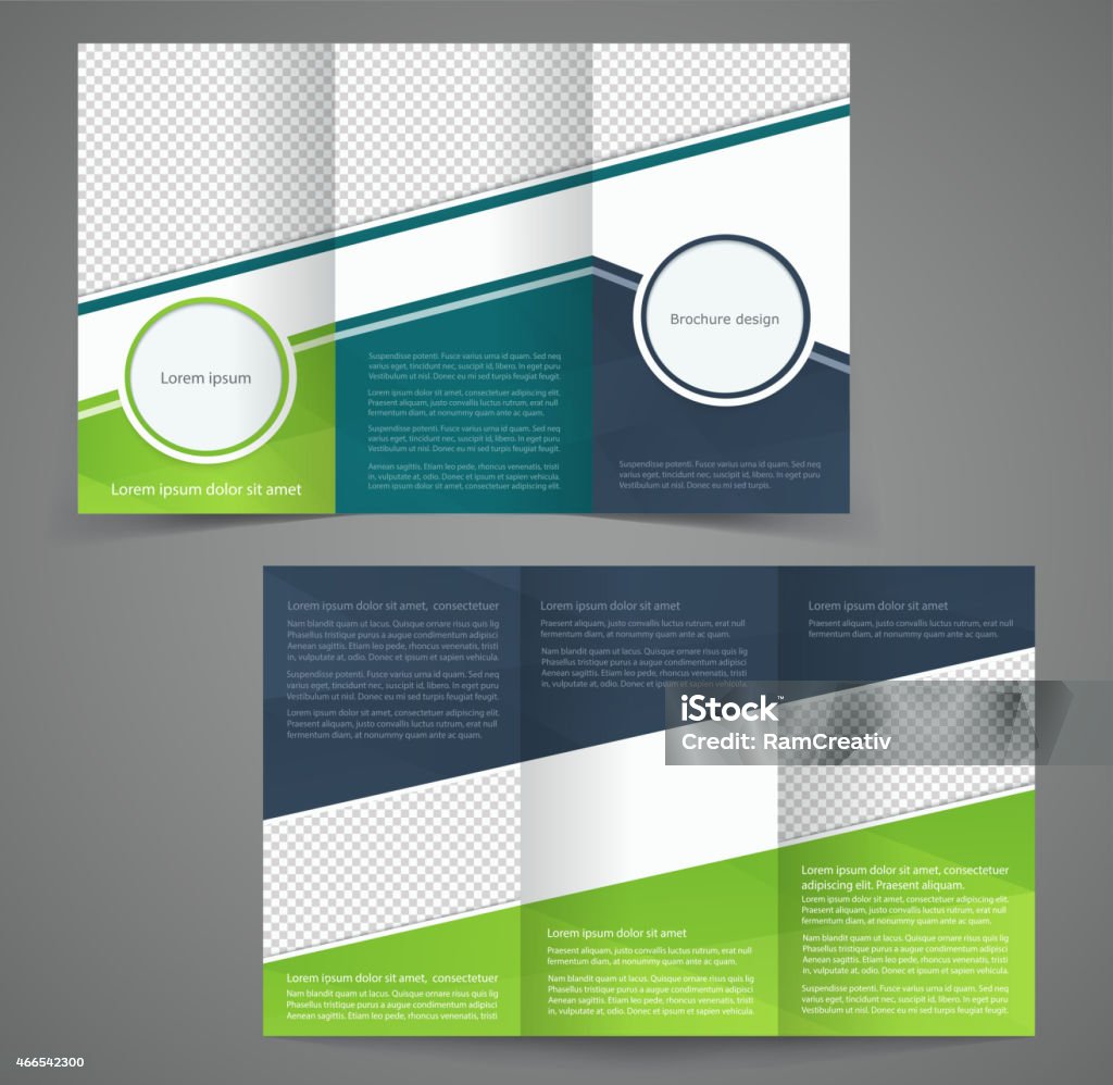 Tri-fold business brochure template, double-sided design Tri-fold business brochure template, two-sided template design,  mock-up cover in dark blue with green colors Tri-Fold Brochure stock vector