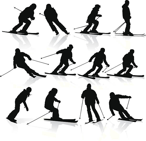 ilustrações de stock, clip art, desenhos animados e ícones de silhuetas de esqui - slalom skiing