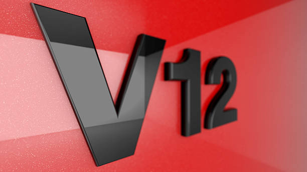 V12 sign, label, badge on car print. stock photo