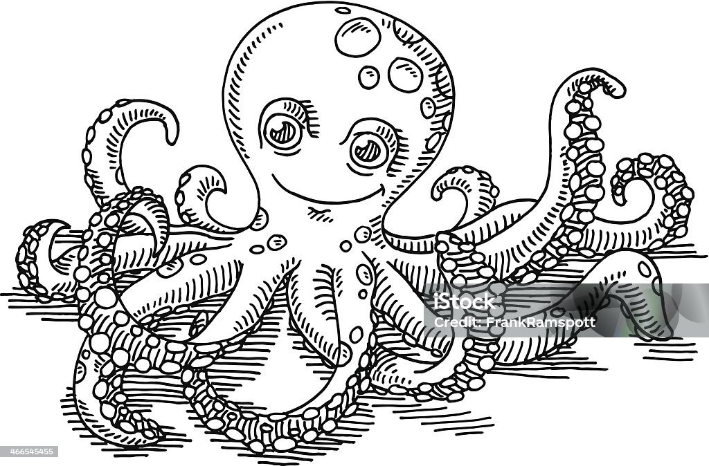 Happy Cartoon Octopus Drawing Hand-drawn vector drawing of a Happy Cartoon Octopus. Black-and-White sketch on a transparent background (.eps-file). Included files are EPS (v10) and Hi-Res JPG. Black And White stock vector