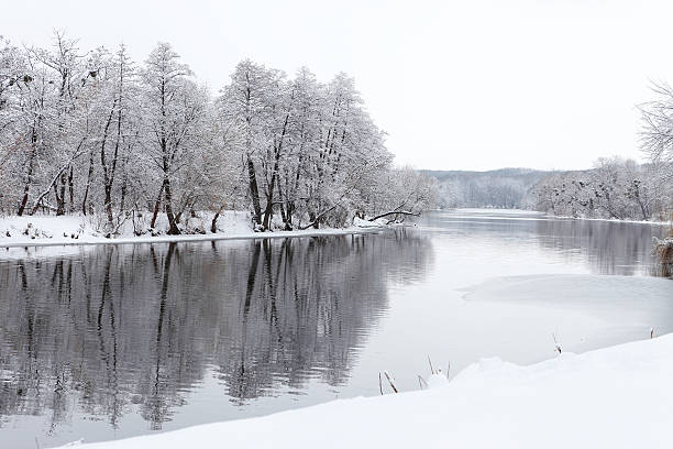 istock Trees in the snow and not yet frozen river 466545619