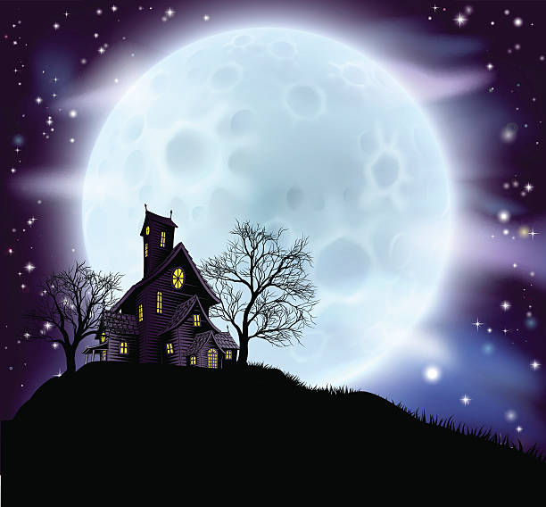 A scary illustration of a Halloween themed house An illustration of a scary Halloween haunted house in silhouette with spooky trees haunted house stock illustrations