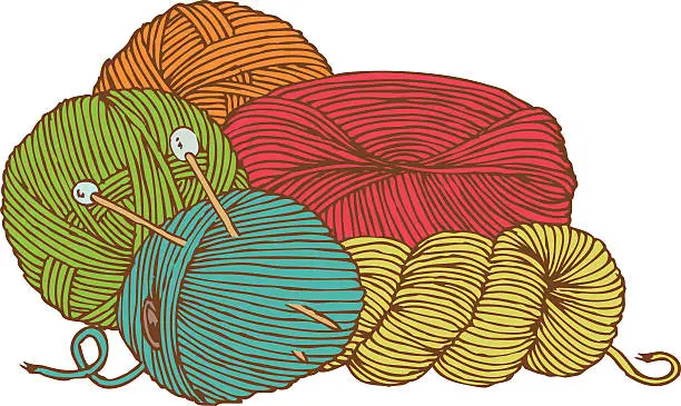 Vector illustration of Five hanks of yarn with needles