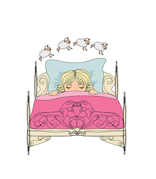 little girl counting sheep to fall asleep vector art illustration