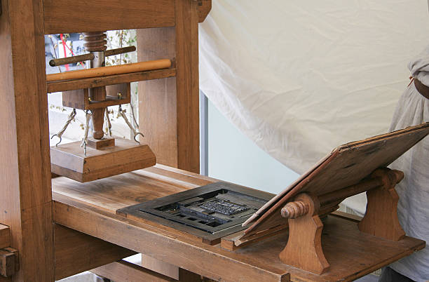 Old wooden printing press stock photo
