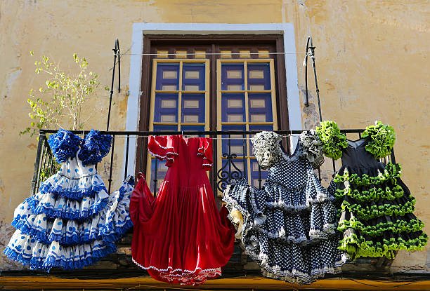 Traditional flamenco dresses Traditional flamenco dresses at a house in Malaga, Andalusia, Spain. flamenco dancing photos stock pictures, royalty-free photos & images