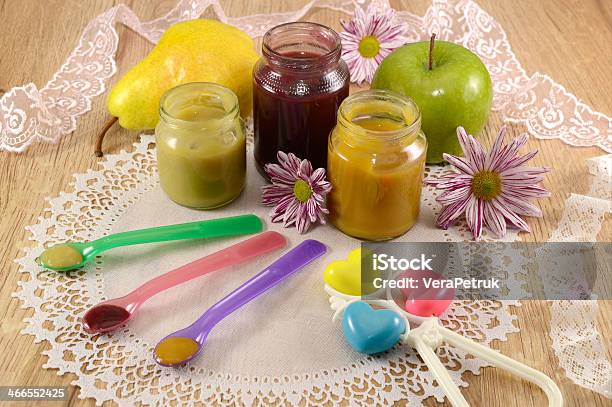 Still Life With Kids Puree And Spoons Stock Photo - Download Image Now - Apple - Fruit, Baby Bottle, Baby Food