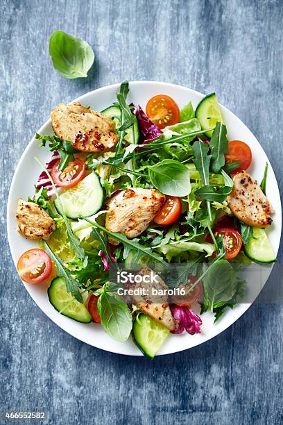 Chicken Salad With Leaf Vegetables And Cherry Tomatoes Stock Photo - Download Image Now