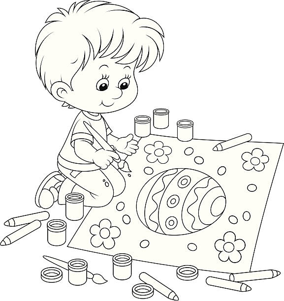 ilustrações, clipart, desenhos animados e ícones de criança desenho um ovo de páscoa - easter egg paint black and white drawing