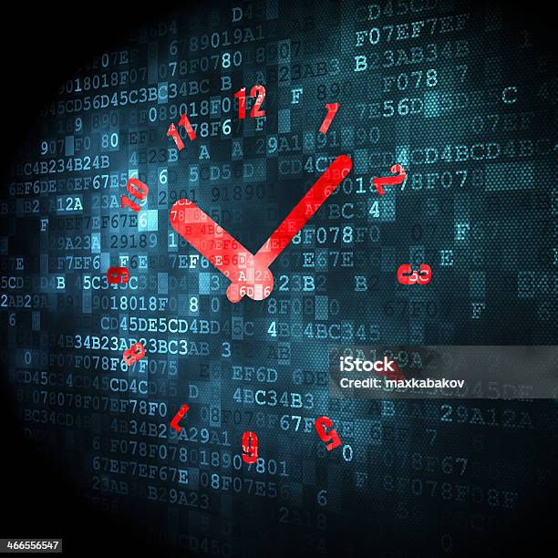 Red Clock Face Projected Onto Blue Digital Background Stock Photo - Download Image Now