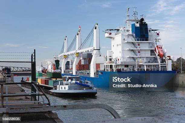 Container Ship And Barge In Antwerp Stock Photo - Download Image Now - Barge, Canal Lock, Antwerp City - Belgium