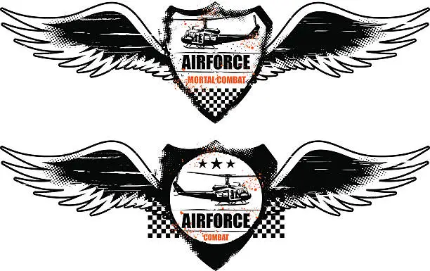 Vector illustration of air force grunge shield with wings and helicopter