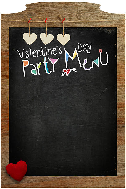 istock Valentine's Day Party Menu, hearts hanging on wooden texture bac 466563787