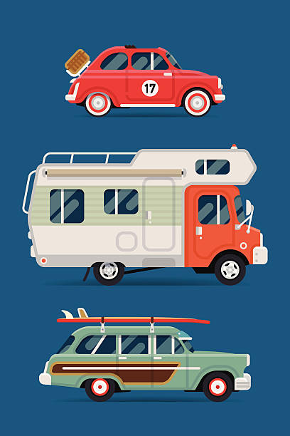 ilustrações, clipart, desenhos animados e ícones de viagem de lazer retrô de veículos de transporte ícones - woodie