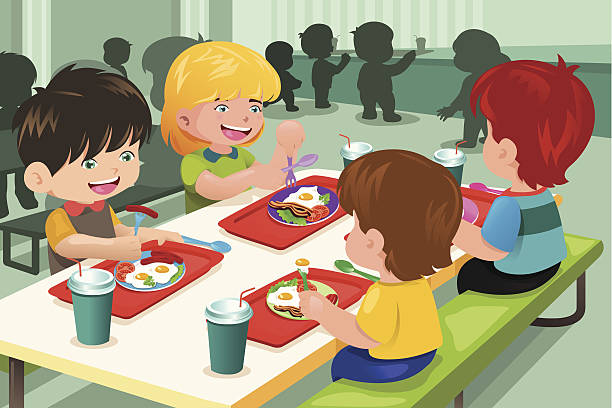 podstawowej uczniów jeść obiad w kawiarni - school lunch obrazy stock illustrations
