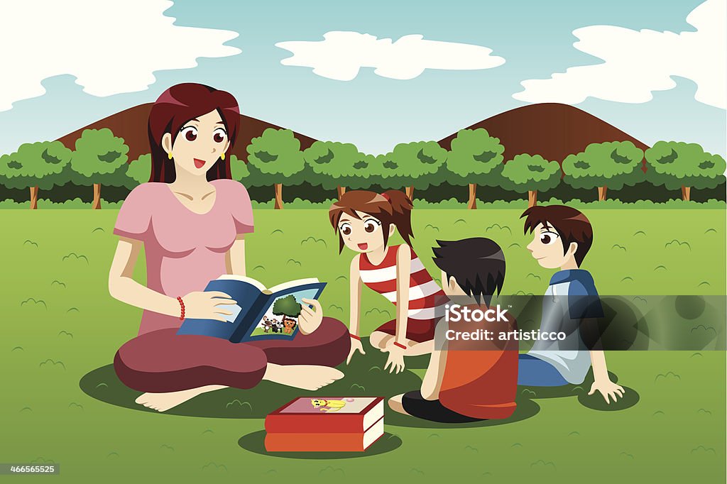 Teacher reading book to kids A vector illustration of teacher reading book to preschool kids in the park Adult stock vector