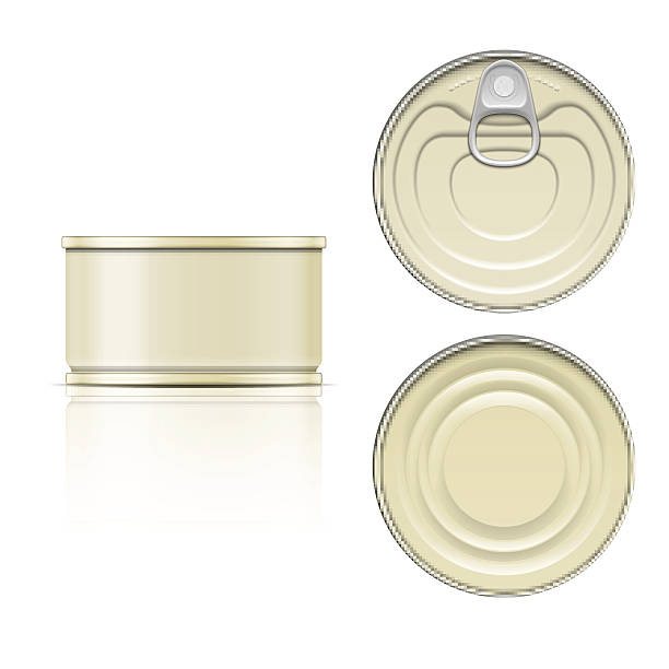 Side, top and bottom view of tin can with a pull ring Low tin can with ring pull: side, top and bottom view. Vector illustration. Packaging collection. can bottom stock illustrations