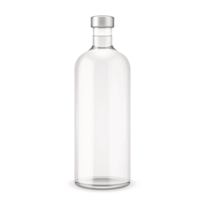 Glass vodka bottle with silver cap.
