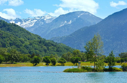 Lake Passy and Mont Blanc mountain massif summer view (Chamonix, France).