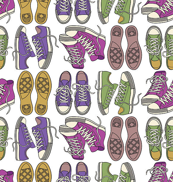 illustrations, cliparts, dessins animés et icônes de motif sans couture avec des baskets - adolescence backgrounds child youth culture