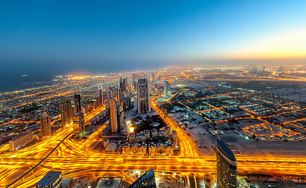 istock Aerial view on Sheikh Zayed Road, Dubai Downtown at sunrise 466567416