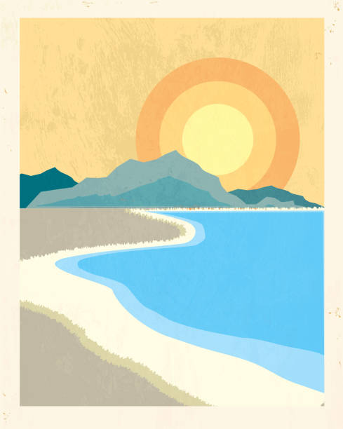 복고풍 플라주 포스터 backgound 로트 왜고너의 of 애니메이션 - horizon over water sand beach sea stock illustrations