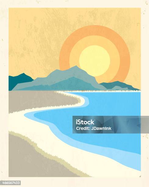 Retro Beach Poster Backgound With Lots Of Texture Stock Illustration - Download Image Now - Mountain, Retro Style, Sun
