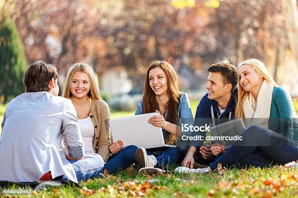 Group Of College Students Studying At Campus Stock Photo - Download Image Now - Autumn, University Student, Global Communications
