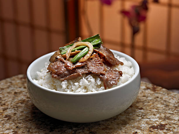 Bulgoki Bulgoki in a bowl over steamed rice. bulgoki stock pictures, royalty-free photos & images