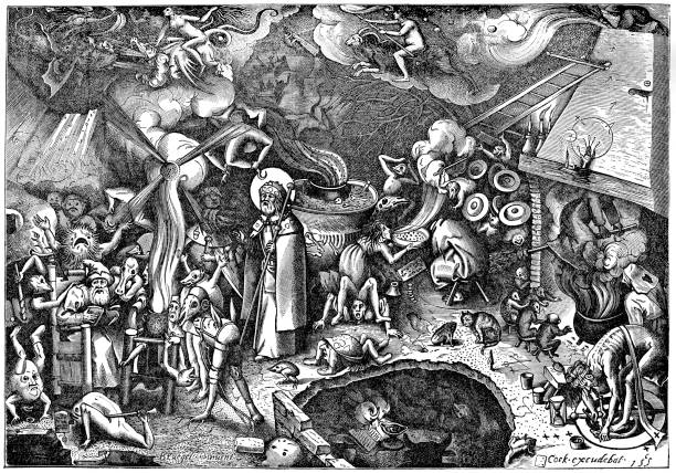 The Black Sabbath St James the Elder combating the diabolical enchantments of a magician. Breughel the Elder, 16th Century exorcism stock illustrations