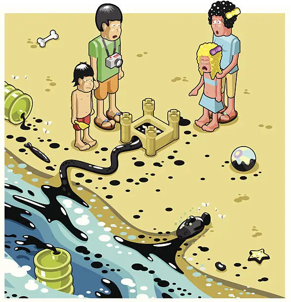 Vector illustration of Terrified family of four on dirty oil polluted beach