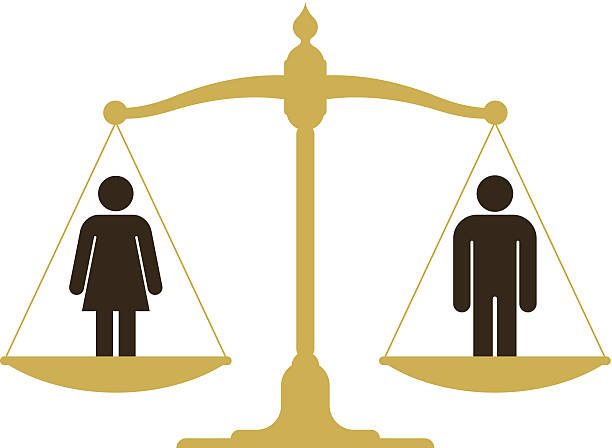 Balanced scale with a man and woman Balanced old fashioned pan scale with a man and woman showing the equality of the sexes illustration gender equality stock illustrations