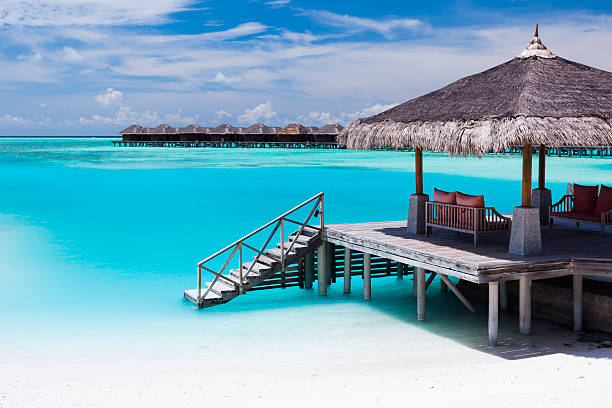 istock Over water jetty with steps into tropical lagoon 466573903