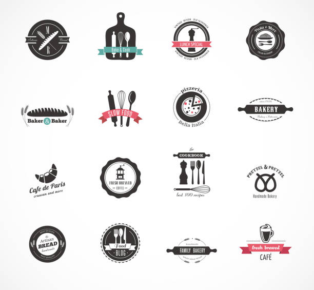 Set of vintage restaurant and food badges, labels Set of vintage restaurant and food badges labels and icons cooking borders stock illustrations