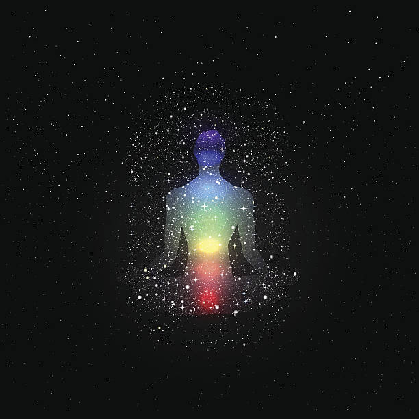 istock Tiny stars against black sky with colorful silhouette of man 466575545