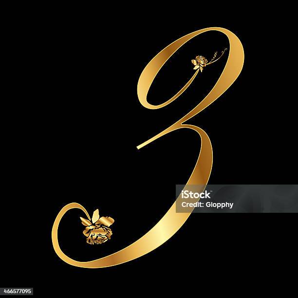 Golden Number 3 With Roses Illustration Stock Illustration - Download Image Now - Alphabet, Branch - Plant Part, Bright