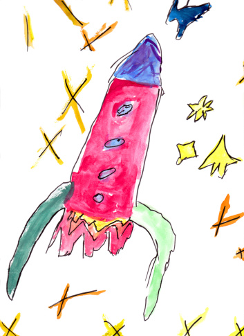 Cute and colourful childs painting of a space rocket